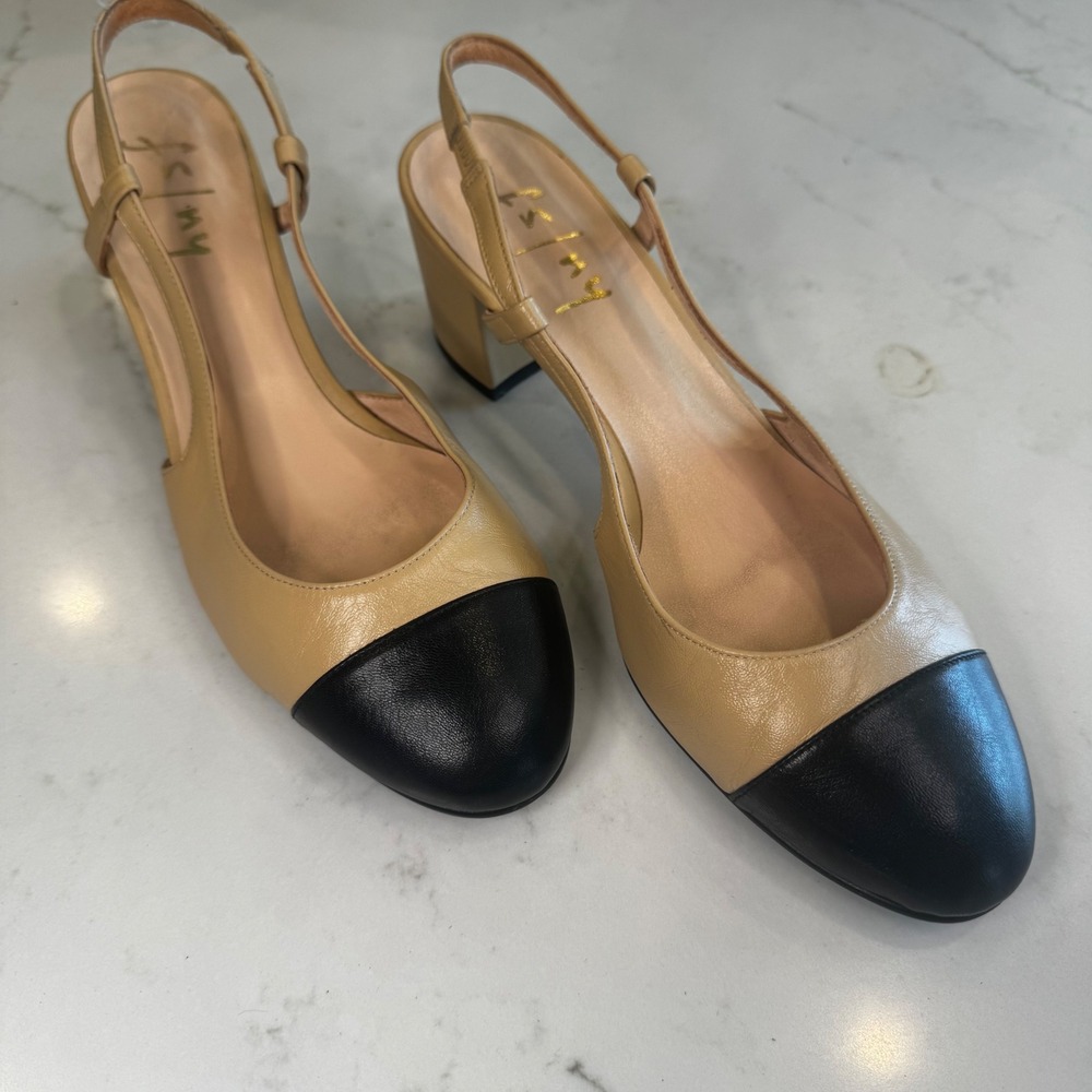 FS/NY French Sole Wom 9.5 B Beige Black Cap Toe Leather Slingback Low Block Heel - Picture 5 of 15